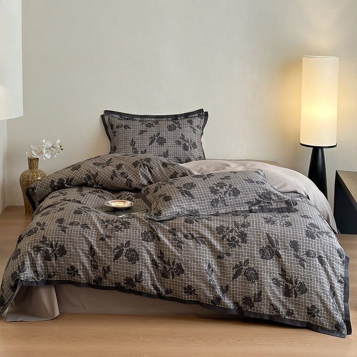 Duvet cover set with fine check pattern and subtle floral relief made of cotton blend