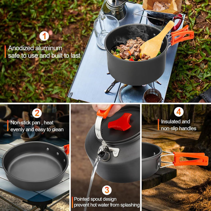 lightweight nonstick anodized aluminum camping cookware set with folding-handle pot and kettle, collapsible silicone cups, stainless plates and cutlery Kalsten