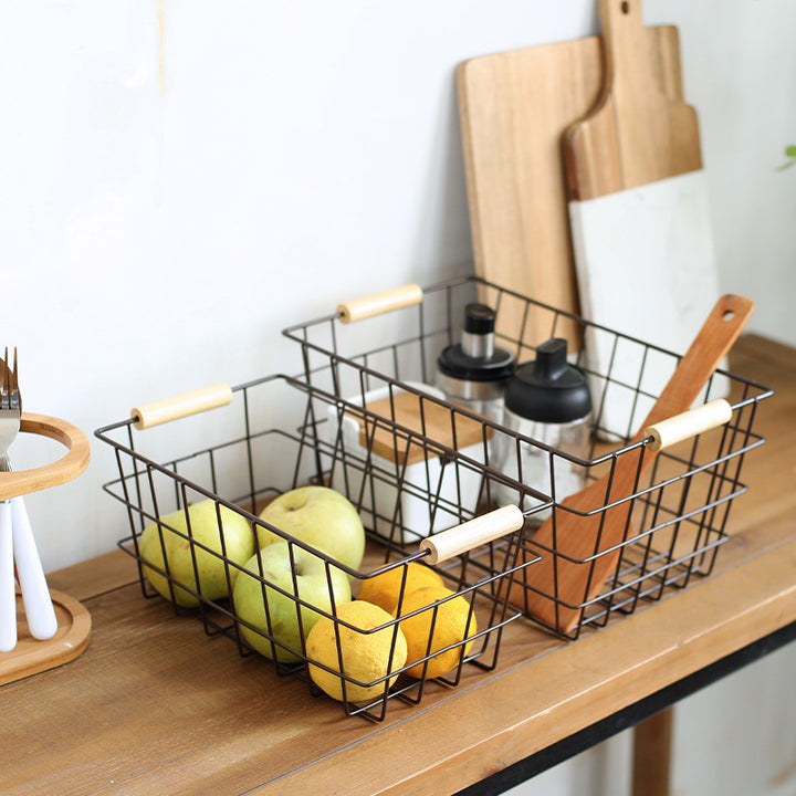 Unisex Wire Storage Basket with Ergonomic Wooden Handles Kalsten