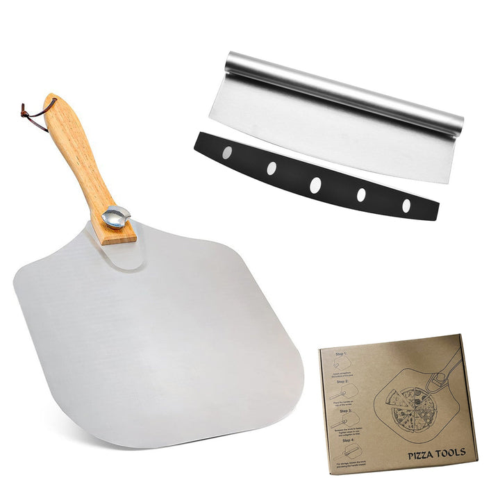 professional pizza peel set with foldable stainless steel shovel ergonomic wooden handle pizza cutter rocker and bench scraper Kalsten