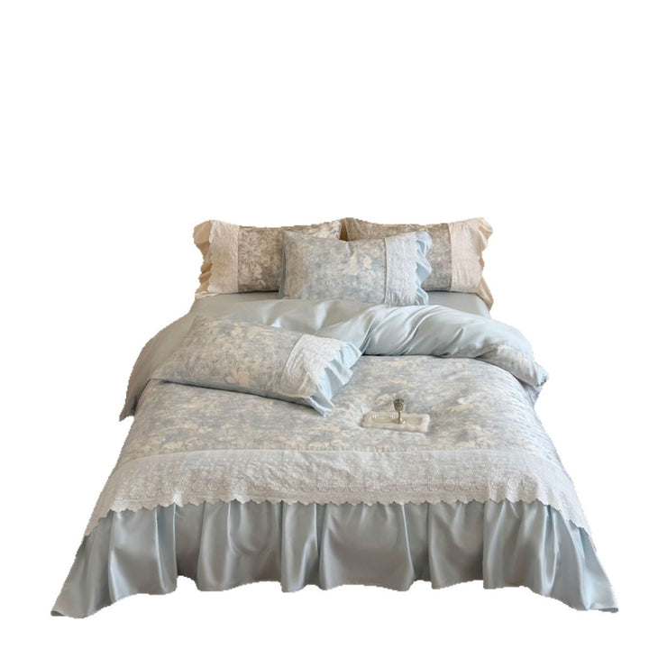 Luxurious satin bedding set with lace trim and ruffle