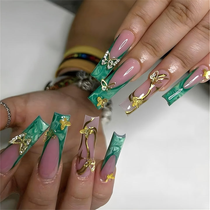 Artistic Long Press-On Nail Set with Butterfly and Gold Accents Kalsten