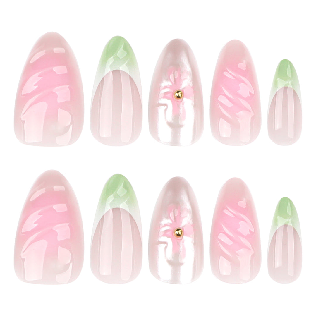 Artful Nail Extensions with Floral Design and Glamorous Accents Kalsten