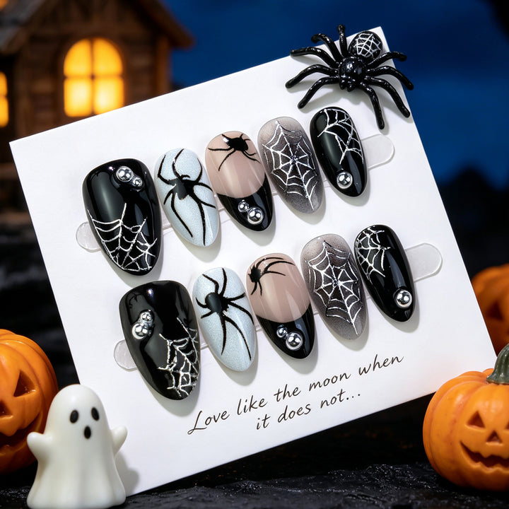 Halloween-Themed Press-On Nail Set with Spider and Web Design Kalsten