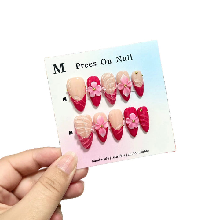Artistic Press-On Nail Art Set with Floral and Gem Accents  1791774221