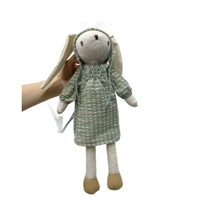 Soft Vintage-Style Long-Eared Fabric Bunny Doll in Checked Overalls