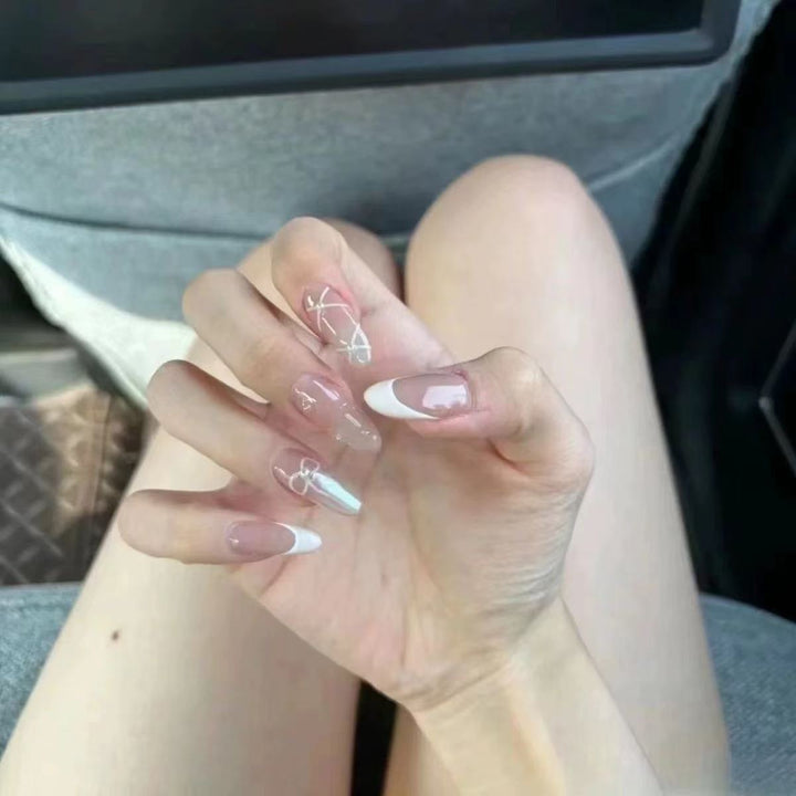 Artistic Press-On Nail Set with Bow and Geometric Design