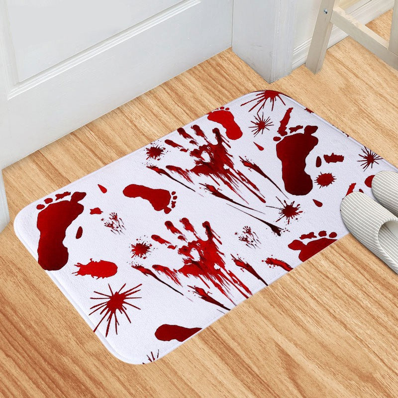 Horror-Themed Non-Slip Memory Foam Bath Mat With Graphic Handprint And Footprint Design