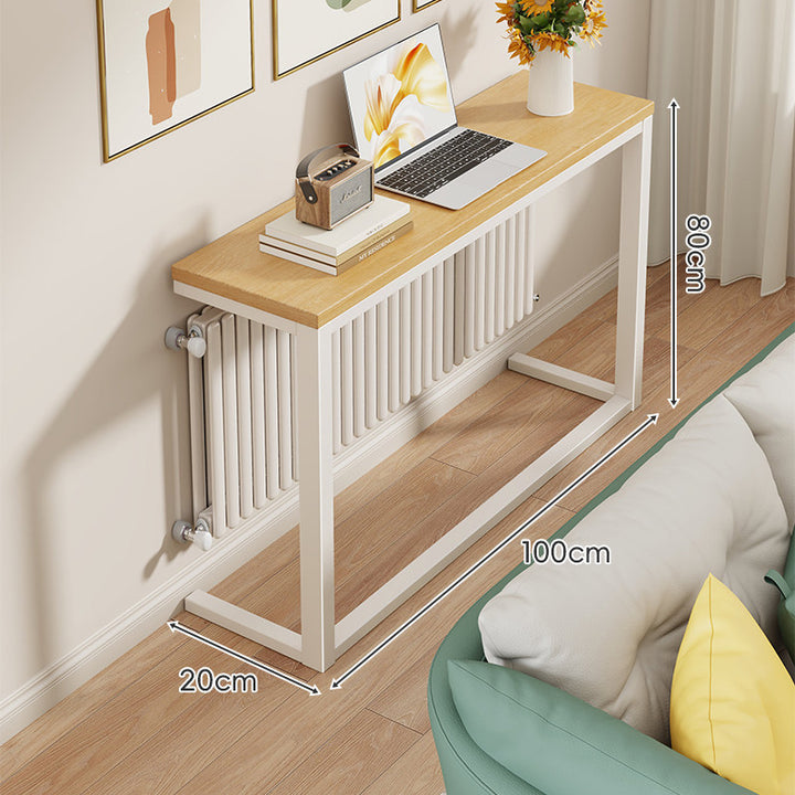 Slim Narrow Console Table with White Metal Frame and Wood-Grain Top