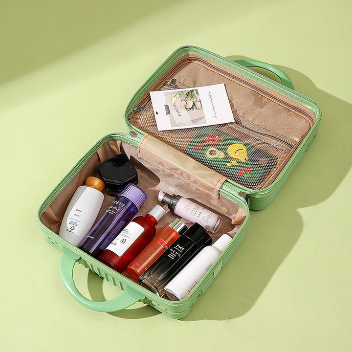 structured hard-shell vanity travel case with faux-leather corner reinforcements and dual top handles Kalsten