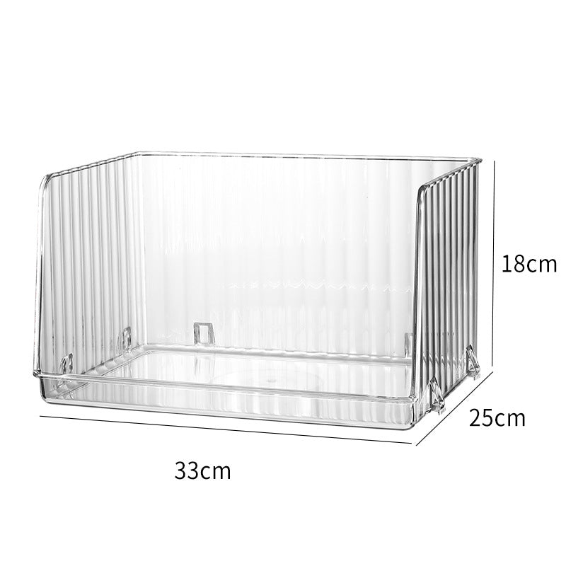 Open kitchen and refrigerator organizer with front opening and ribbed sides