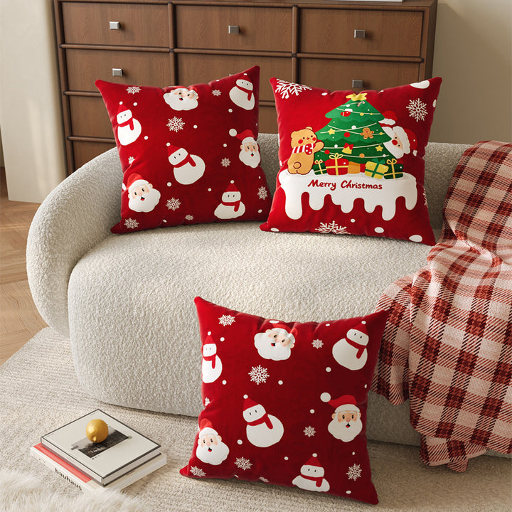 Christmas Velvet Decorative Throw Pillow Cover with Plush Holiday Illustration and Hidden Zipper