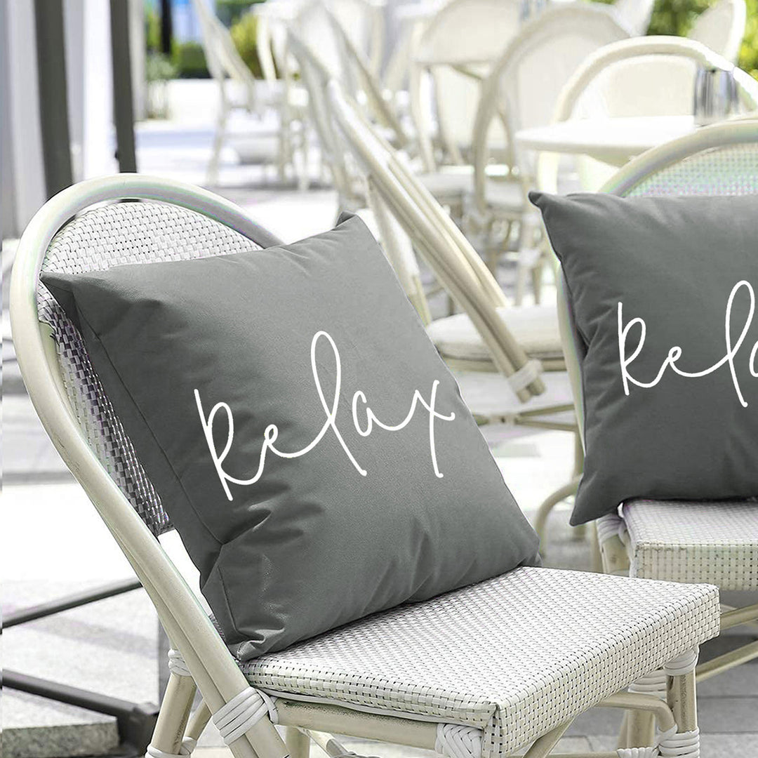 Square Script 'Relax' Outdoor-Ready Throw Pillow Cover with Hidden Zipper