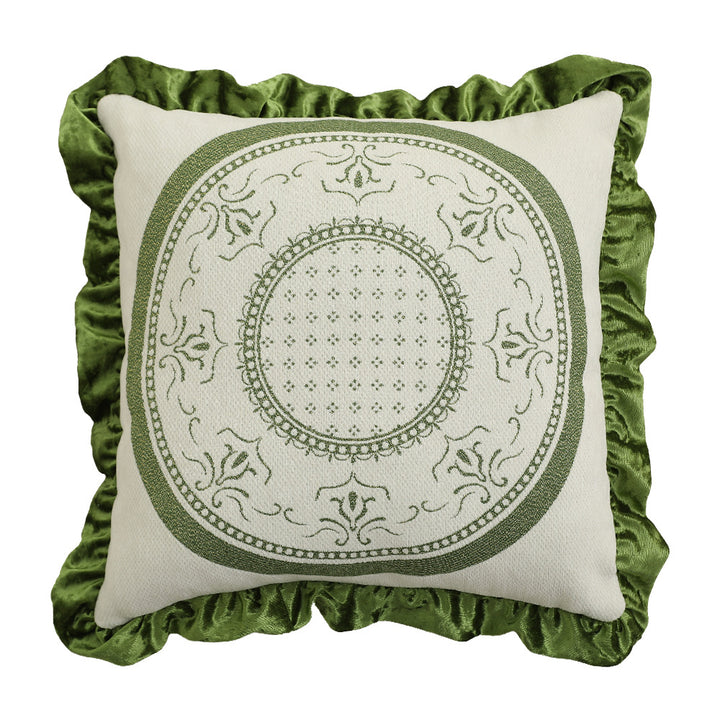 Square decorative pillow in Baroque style with velvet ruffle and putto jacquard