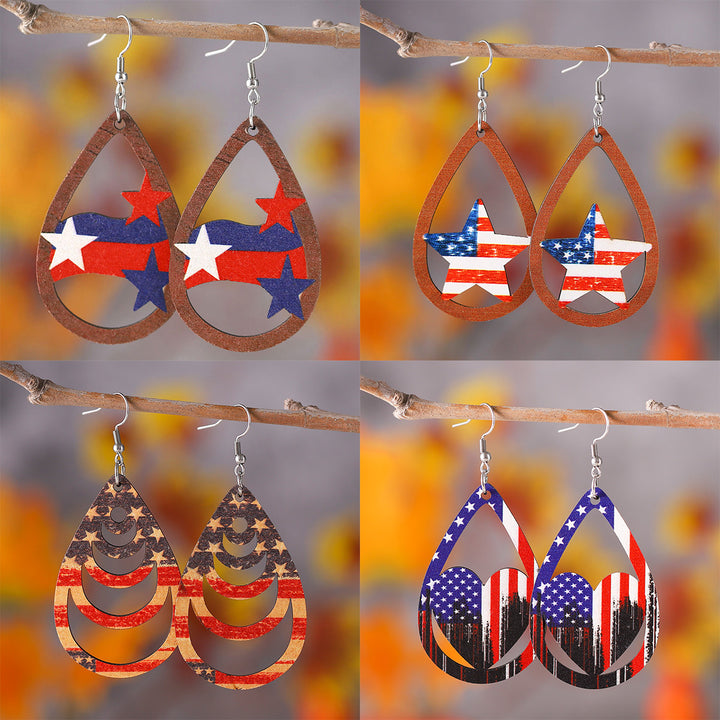 Women's nan patriotic teardrop wooden dangle earrings with star stripe cutout Kalsten