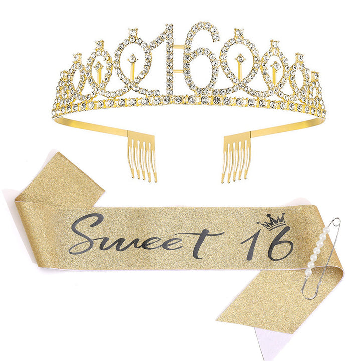 Women Crystal-Embellished Birthday Crown with Personalized Sash Kalsten