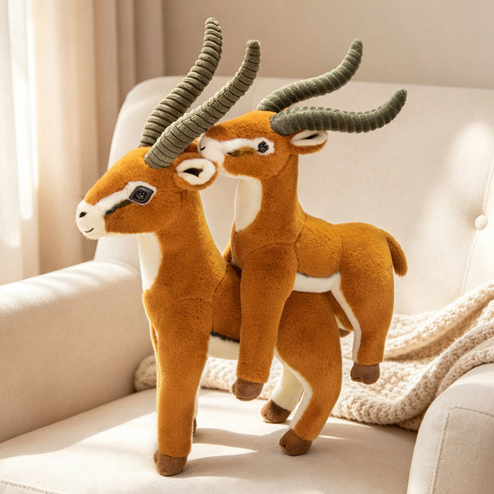 Life-Size Standing Antelope Plush with Ribbed Curled Horns and Poseable Legs Kalsten