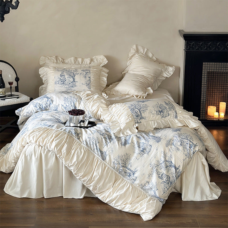 Luxurious bedding set made of cotton blend with toile landscape print, frill, and ruffles