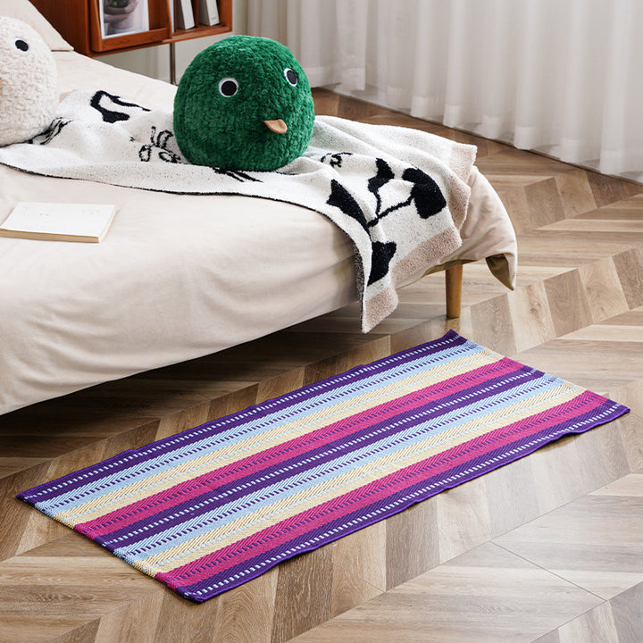 woven living room runner with fringes and geometric weave pattern