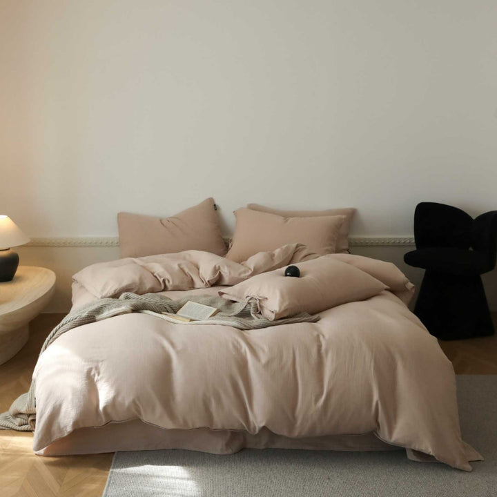 Breathable stonewashed bed linen set made of cotton-linen blend