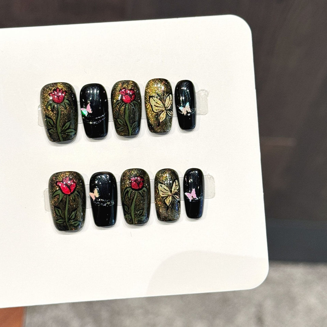 Artistic Floral Press-On Nail Set with Glitter Accents