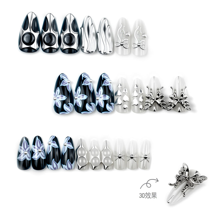 Decorative 3D Floral and Metallic Press-On Nail Art Set