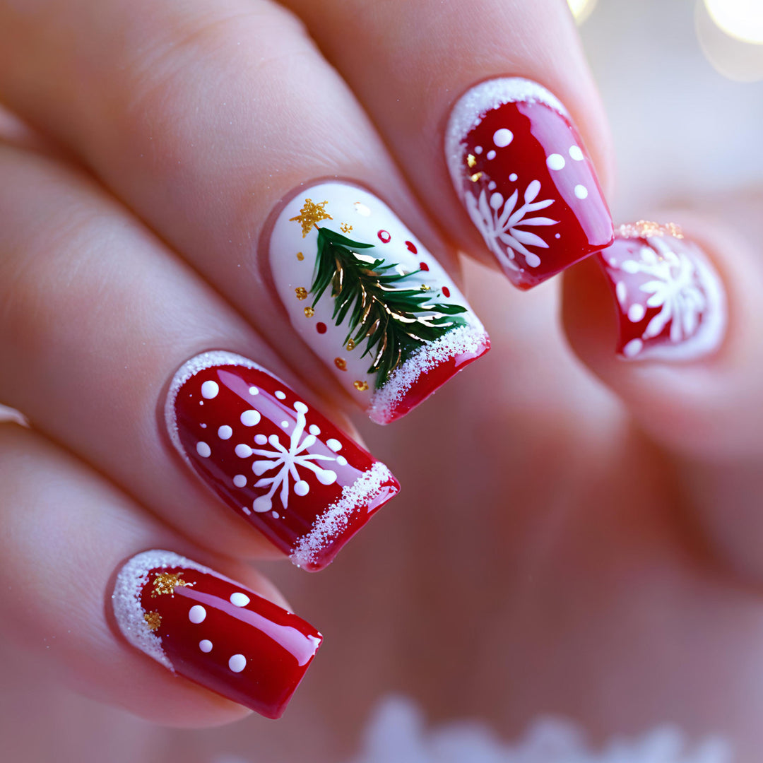 Artificial nails with festive Christmas tree motif Kalsten