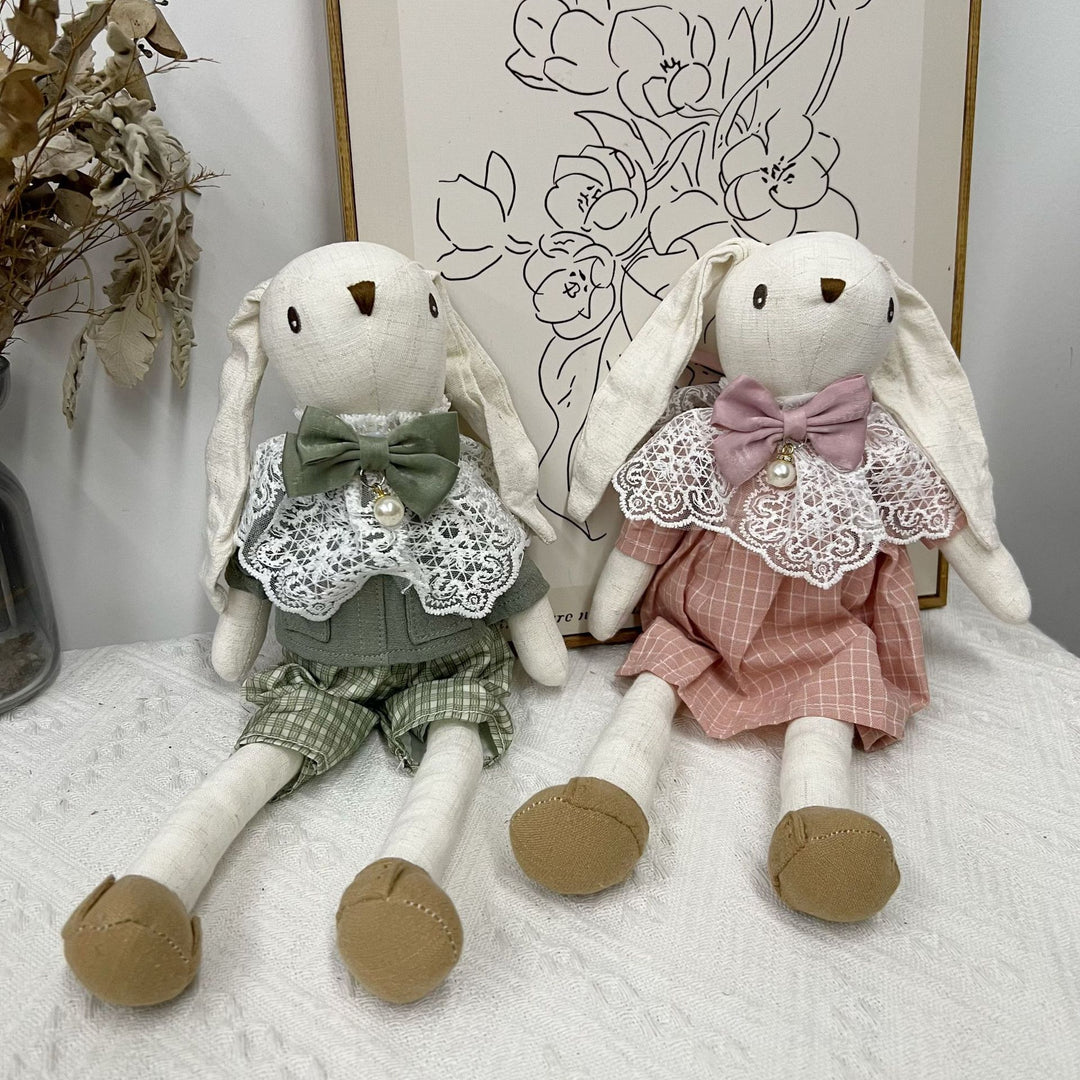 Handcrafted Linen Bunny Doll with Lace Collar and Pearl Bow Charm