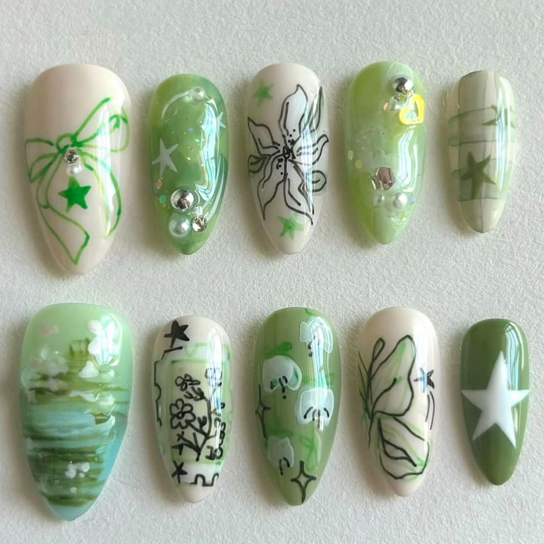 Artistic Green-Themed Nail Enhancements Kalsten