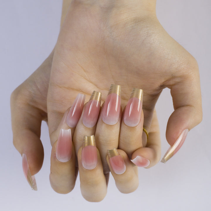 Acrylic Nail Set with Elegant Ombre Design and Golden Accents Kalsten