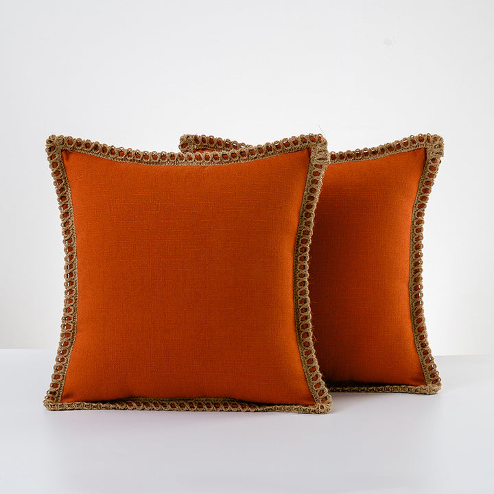 Decorative Linen Throw Pillow Pair with Braided Fringe Trim