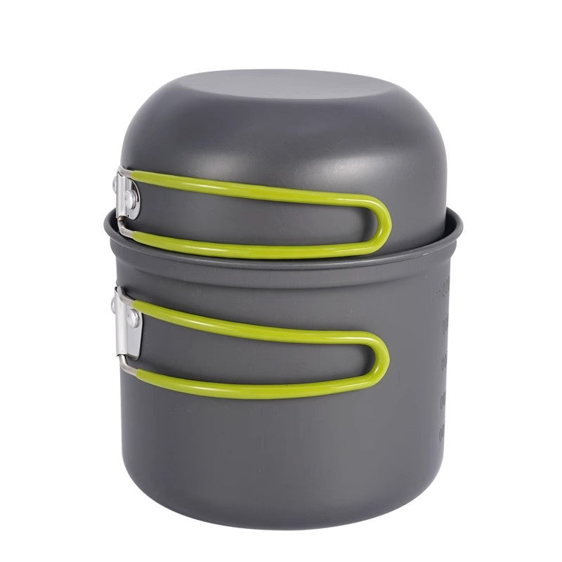 lightweight nesting anodized camping cookware set with folding silicone handles and measurement marks Kalsten