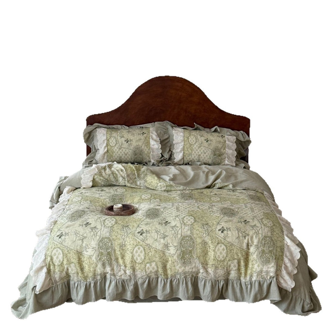 Romantic cotton satin bedding set with floral stripe pattern, ruffle, and decorative pillowcases