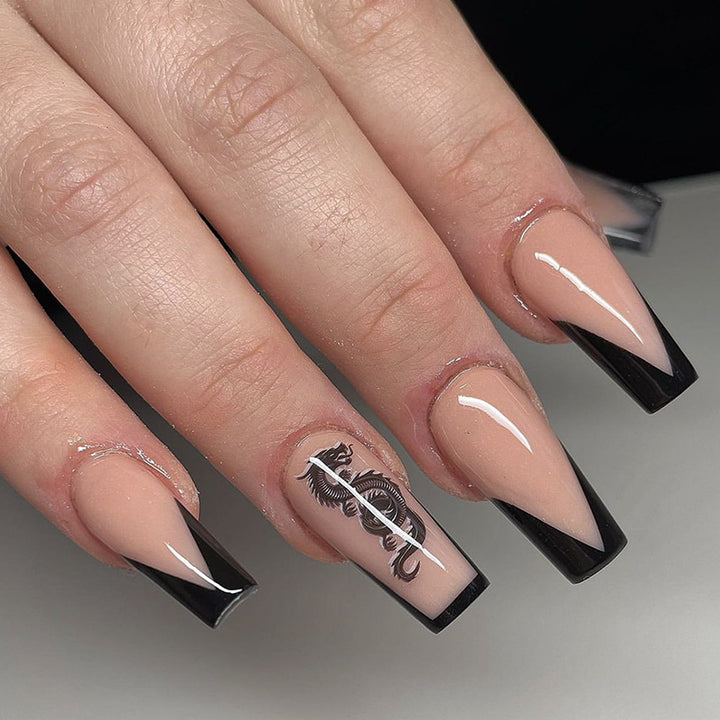 Artistic Nail Art with Black French Tip and Underground Patterns Kalsten