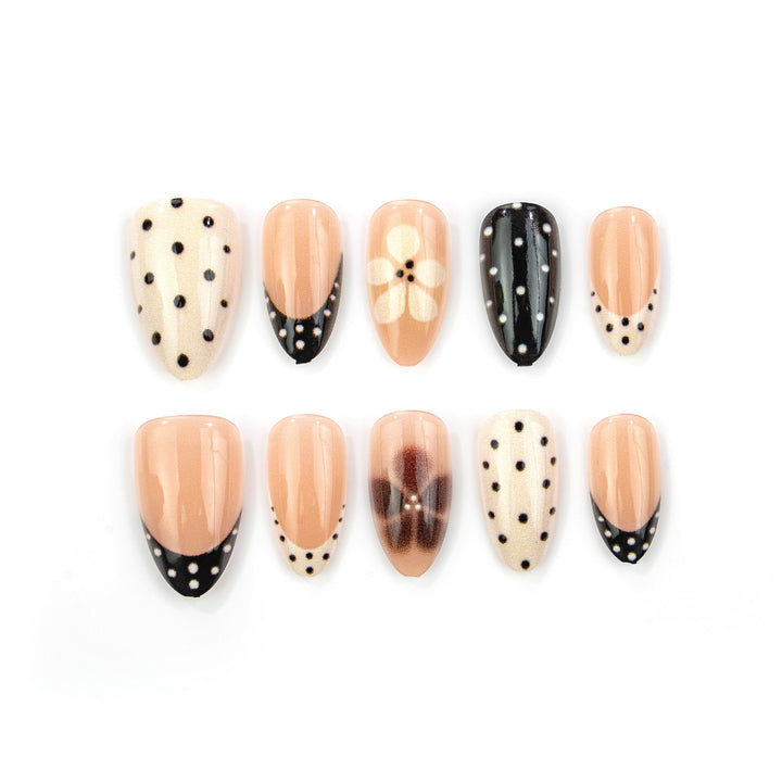 Elegant Pointed Press-On Nail Art with Polka Dot and Ombre Designs Kalsten
