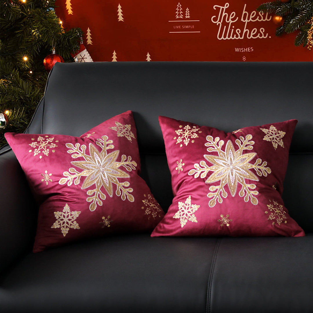 Velvet Embroidered Festive Accent Pillow Cover with Metallic Script