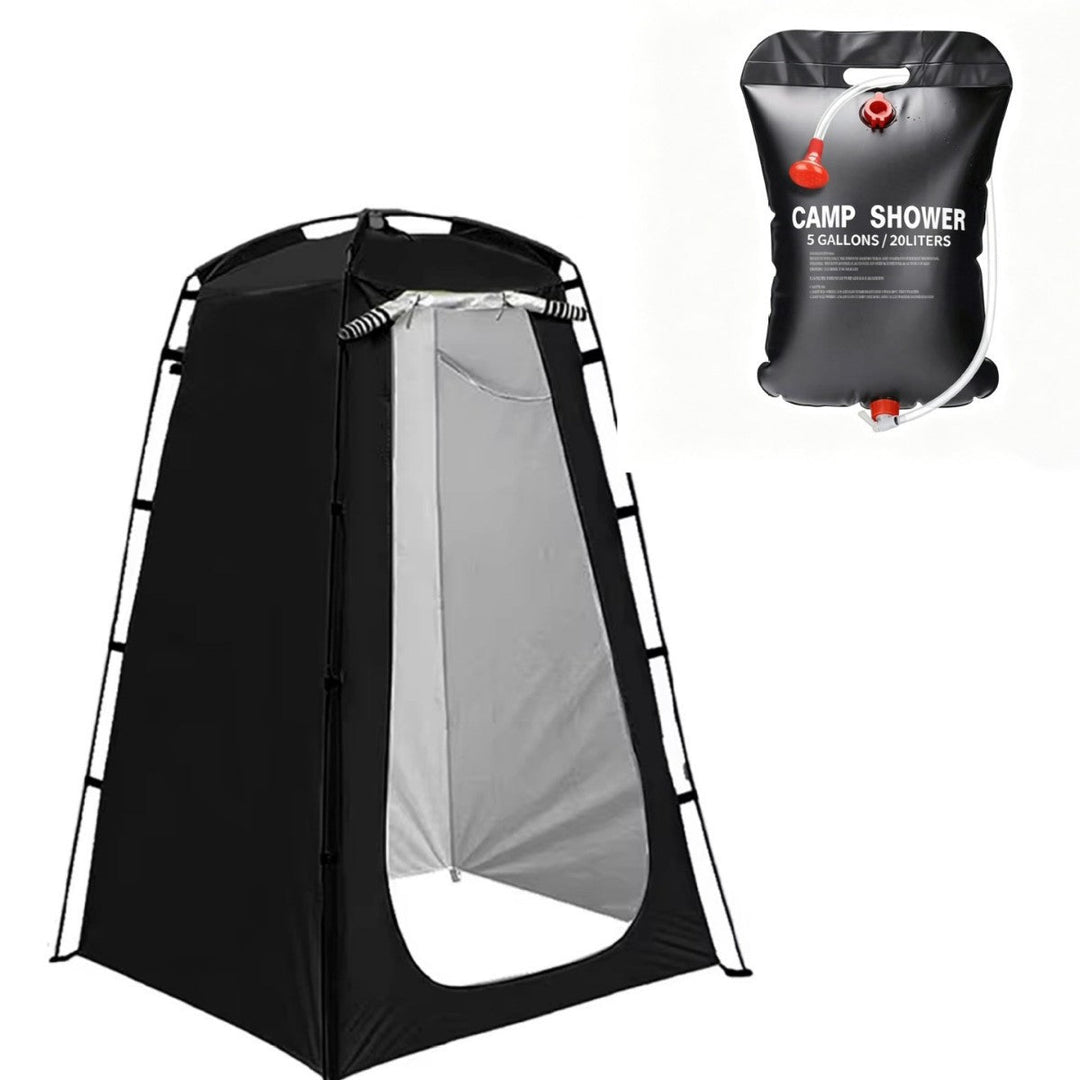 Portable camping shower privacy tent with five gallon solar shower bag and pop up foldable pole system Kalsten