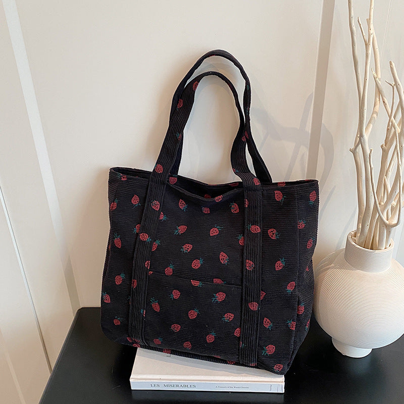 Playful Strawberry Print Corduroy Tote Bag Kalsten