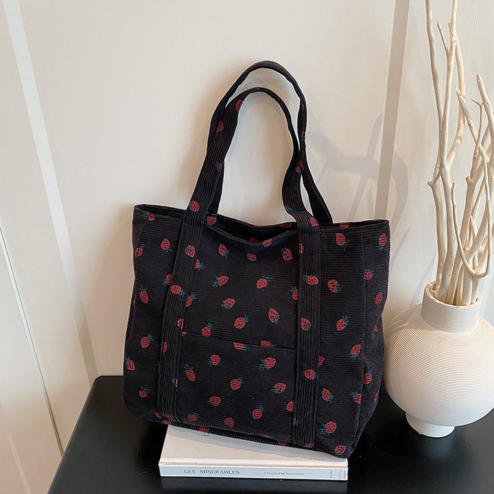Playful Strawberry Print Corduroy Tote Bag Kalsten