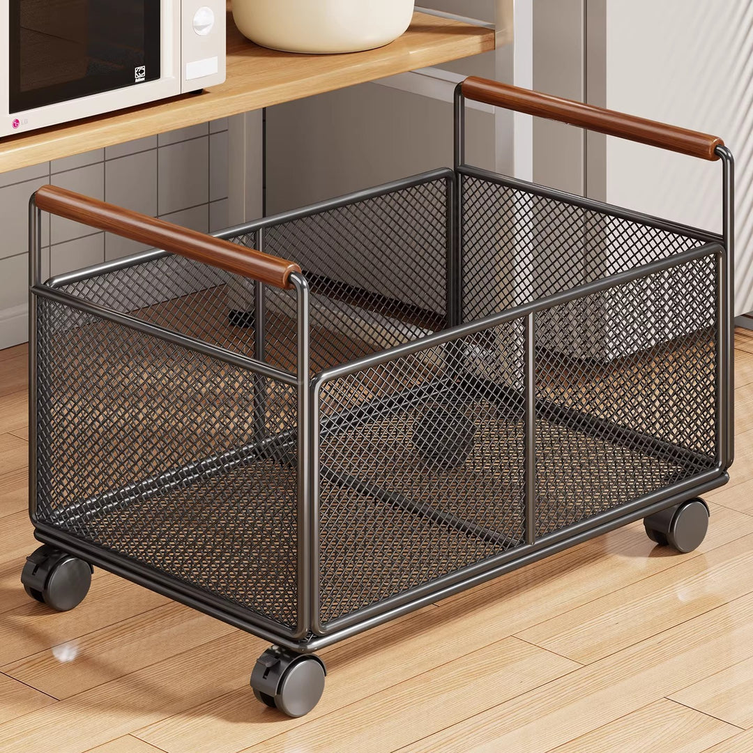 Rolling Mesh Kitchen Storage Cart with Wooden Handles