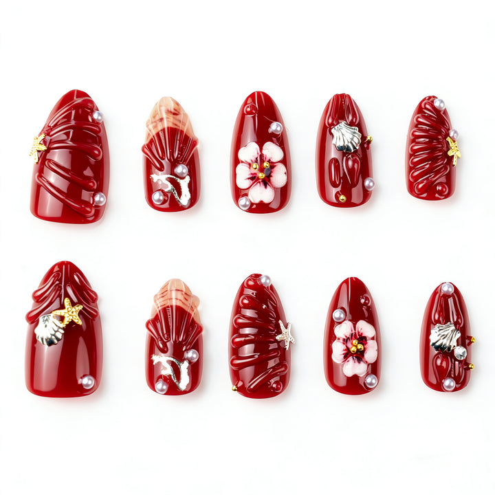 Artistic Press-On Nail Art Set with Floral and Shell Designs Kalsten