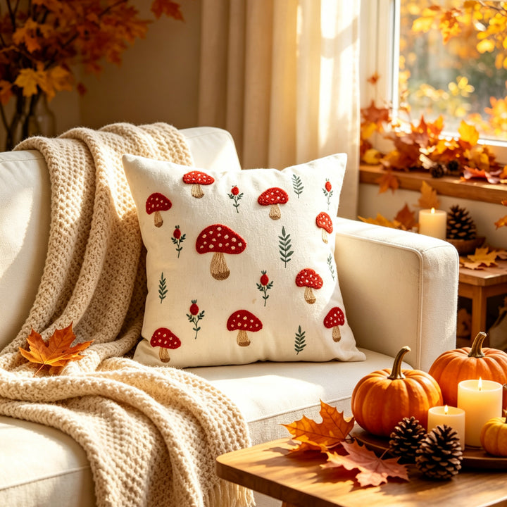 Embroidered Autumn Throw Pillow Cover with Mushroom and Leaf Appliqué
