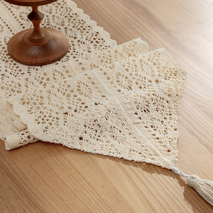 Handwoven Cotton Crochet Table Runner with Diamond Lace Pattern and Tassel Point