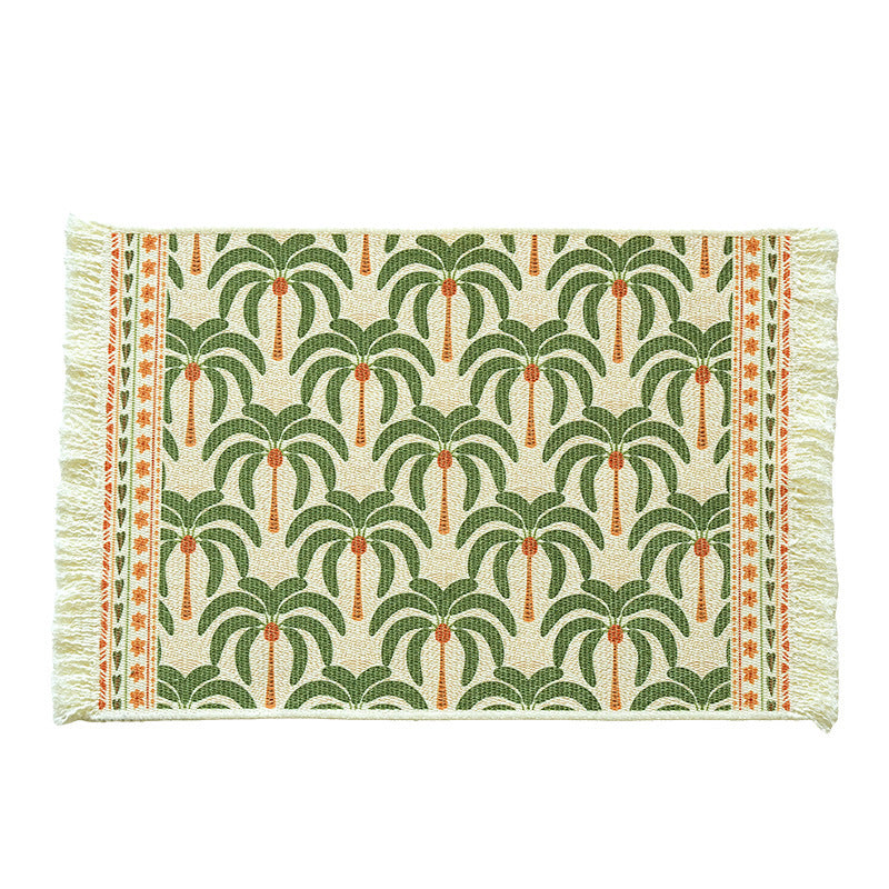 Woven living and beach rug with palm jacquard and decorative fringes Kalsten