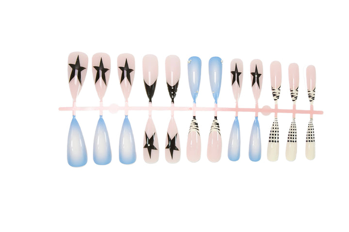 Acrylic nail set with stylish geometric designs and glamorous accents Kalsten