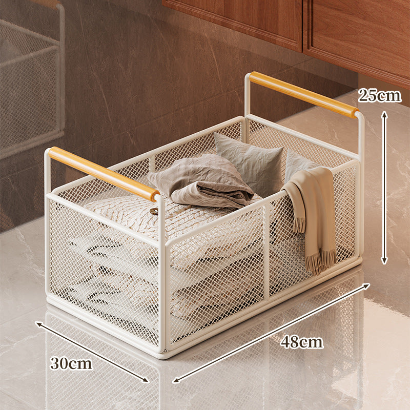 Freestanding Mesh Storage Crate with Wooden Grip Handles for Living Room and Laundry