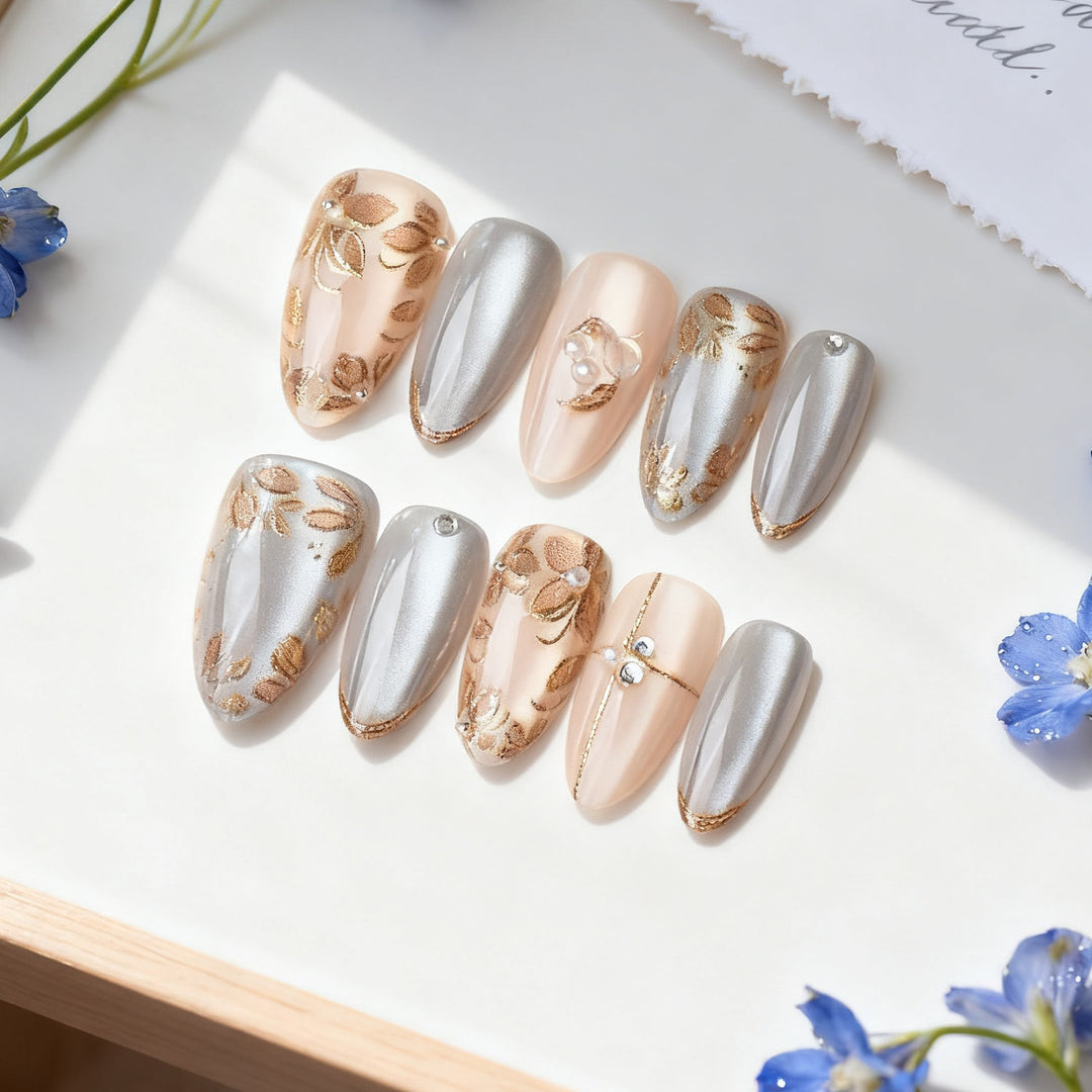 Decorative Press-On Nail Art Set with Floral and Metallic Accents Kalsten