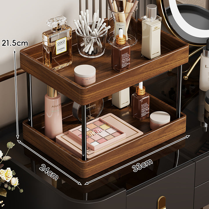 Two-Tier Wooden Vanity Countertop Organizer with Metal Pillars