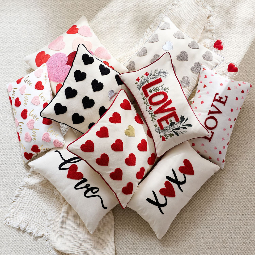 Embroidered Script Love Lumbar Pillow Cover with Tufted Heart