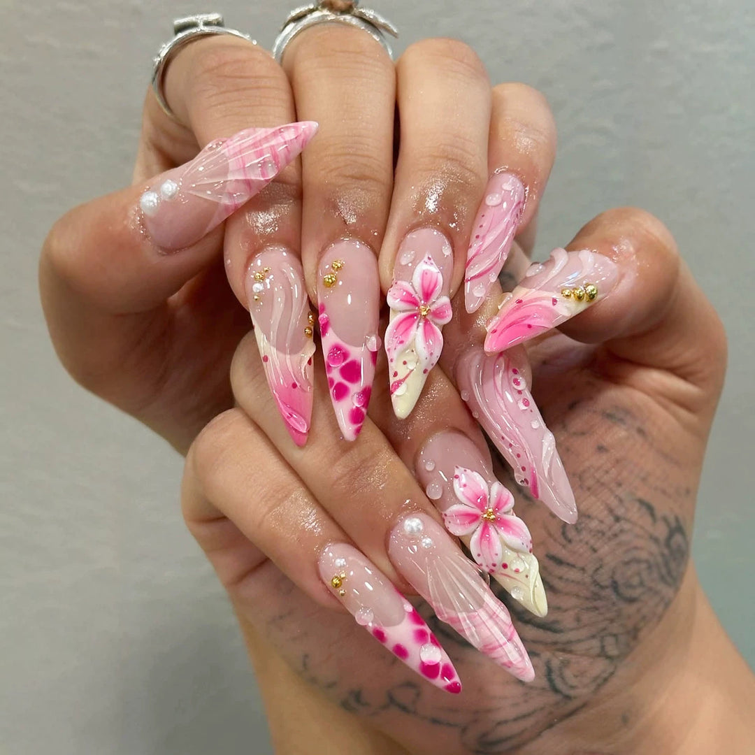 Floral Stiletto Press-On Nail Set with Artistic Design Kalsten